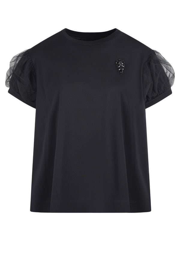 TULLE OVERLAY PUFF SLEEVE T-SHIRT W/ EMB AW24